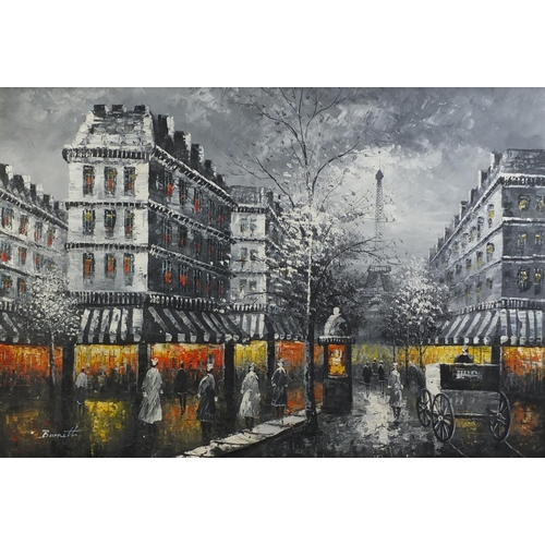 926 - Burnett - Parisian street scene, oil on canvas, framed, 90cm x 60cm