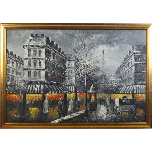 926 - Burnett - Parisian street scene, oil on canvas, framed, 90cm x 60cm