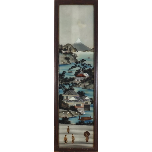 840 - Figures, landscape and mountain, Oriental reverse painting onto glass in a wooden frame, 28.5cm x 11... 