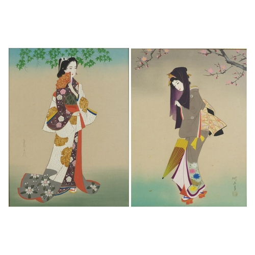 841 - Japanese Geisha girls in colourful regalia, pair of watercolours, signed, each framed and glazed, 30... 