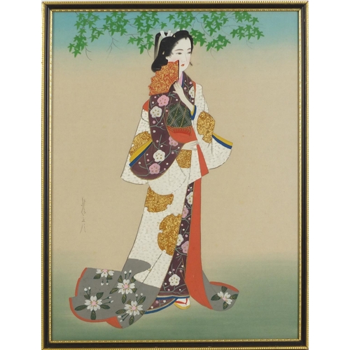 841 - Japanese Geisha girls in colourful regalia, pair of watercolours, signed, each framed and glazed, 30... 