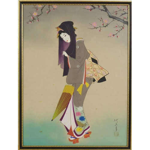 841 - Japanese Geisha girls in colourful regalia, pair of watercolours, signed, each framed and glazed, 30... 