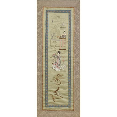 843 - Woman sewing below pagoda and trees, Chinese tapestry onto silk, framed and glazed, 25cm x 65cm