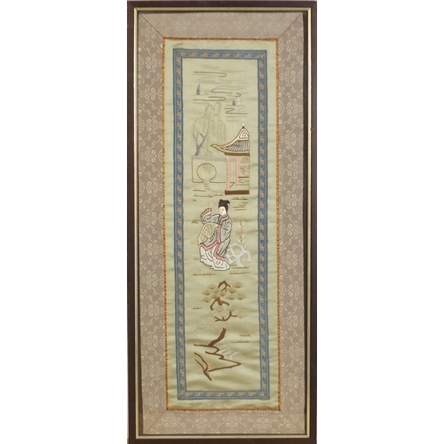 843 - Woman sewing below pagoda and trees, Chinese tapestry onto silk, framed and glazed, 25cm x 65cm