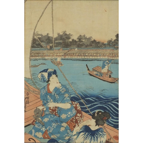 842 - 19th century Japanese woodblock print of a figure, framed and glazed, 23cm x 34cm