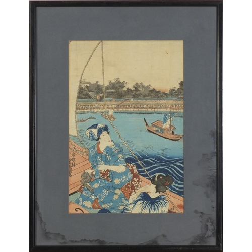 842 - 19th century Japanese woodblock print of a figure, framed and glazed, 23cm x 34cm