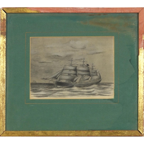 1048 - Sailing ship in full sail, 19th century pencil and chalk, mounted, framed and glazed, 20cm x 15cm