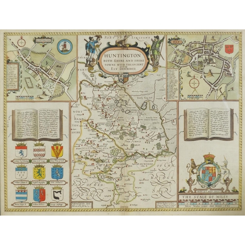 869 - 17th century hand coloured map of Huntingdon by John Speed dated 1662, framed and glazed, 53cm x 40.... 