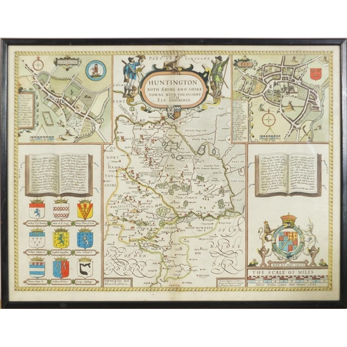 869 - 17th century hand coloured map of Huntingdon by John Speed dated 1662, framed and glazed, 53cm x 40.... 