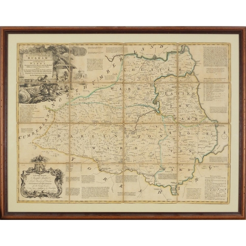 617 - 18th century hand coloured folding map of the County Palatine of Durham by Thomas Kitchin, framed an... 