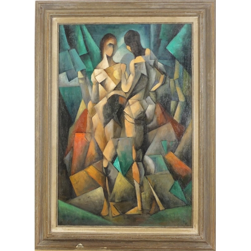 66 - Manner of Andre Lhote - Abstract composition, two cubist figures, French school oil on board, mounte... 