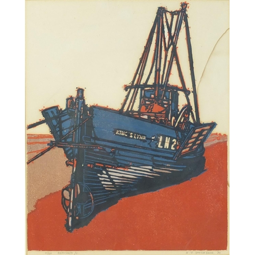 506 - Henry John Jackson - Beached, pencil signed linocut, limited edition 11/50, mounted, framed and glaz... 