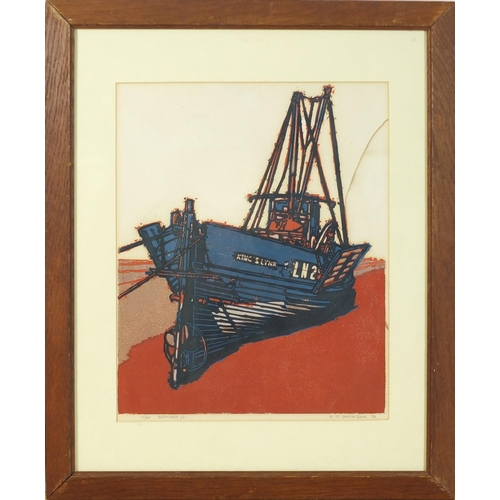 506 - Henry John Jackson - Beached, pencil signed linocut, limited edition 11/50, mounted, framed and glaz... 