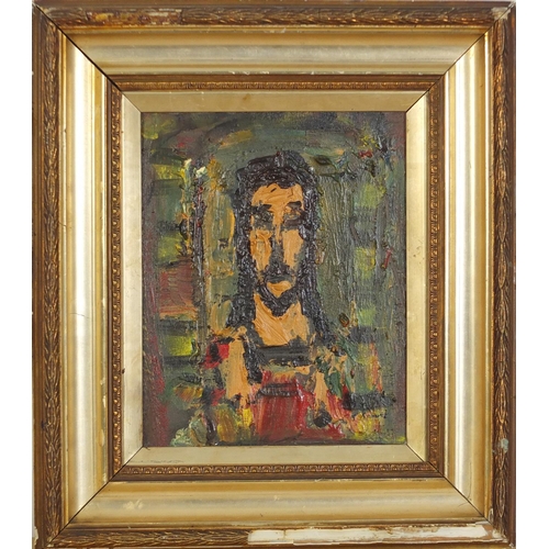 986 - Portrait of Christ, oil on board, mounted and framed, 25cm x 19.5cm