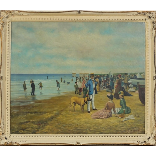 110 - Figures on a beach, Impressionist oil on board, framed, 59.5cm x 50cm