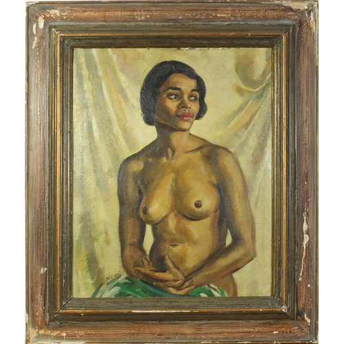 200 - Portrait of a seated nude female, South African school oil on board, bearing a signature N Lewis, fr... 