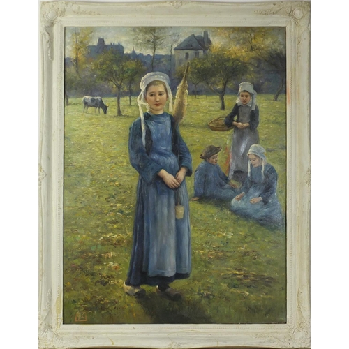 153 - Children in a field, Dutch school oil on board, framed, 100cm x 74cm