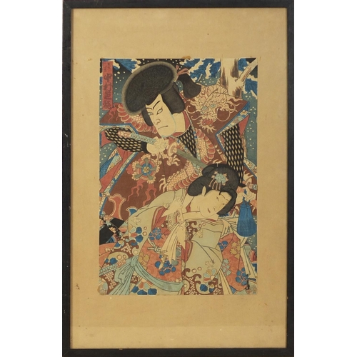 624 - Japanese woodblock print of a warrior and Geisha, mounted, framed and glazed, 35.5cm x 23.5cm