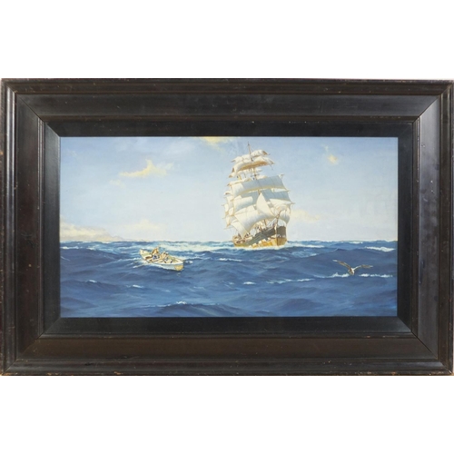 990 - Manner of Thomas Jacques Somerscales - Marine scene with sailing boat and figures, mixed media, insc... 