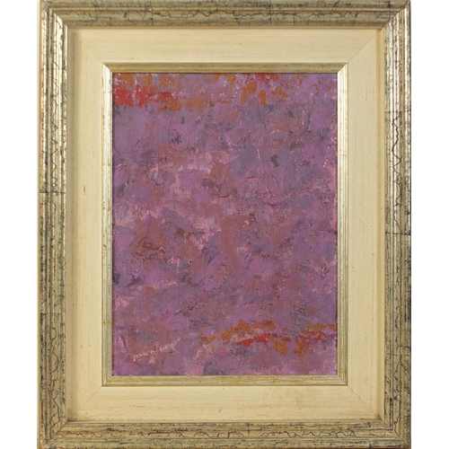 502 - Abstract composition, impasto oil on canvas board, bearing an inscription verso, framed, 39cm x 29cm