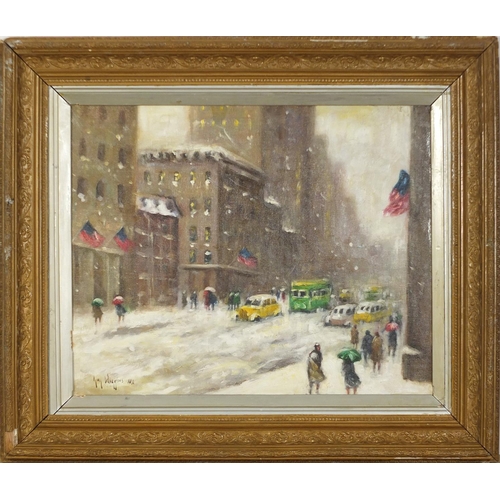 619 - Manner of Guy Wiggins - New York snowy street scene, oil on board, mounted and framed, 49cm x 40cm