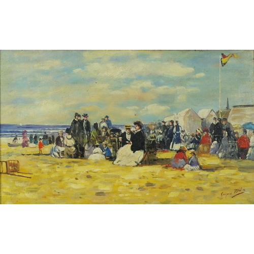 505 - Manner of Eugene Boudin - Figures on a beach, French Impressionist oil on board, framed, 68cm x 35cm