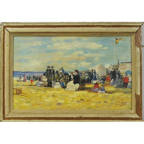 505 - Manner of Eugene Boudin - Figures on a beach, French Impressionist oil on board, framed, 68cm x 35cm