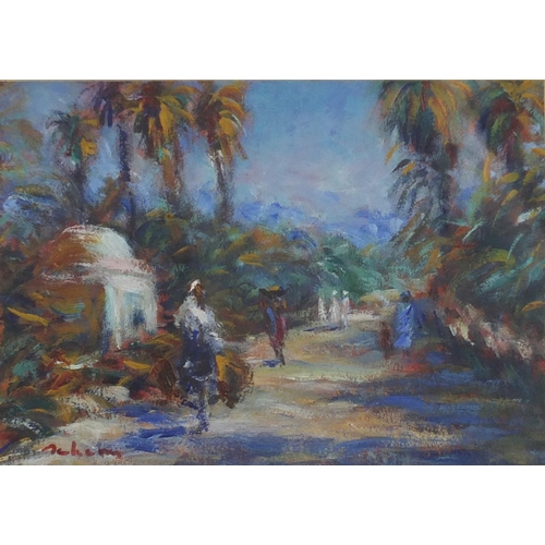 504 - Figures walking with palm trees, Middle Eastern school, indistinctly signed, mounted, framed and gla... 