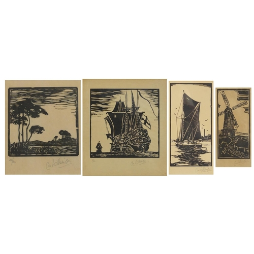 1024 - C A Wilkinson - Boats, trees and a windmill, four pencil signed woodblock prints, each mounted, fram... 