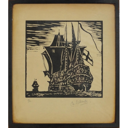 1024 - C A Wilkinson - Boats, trees and a windmill, four pencil signed woodblock prints, each mounted, fram... 