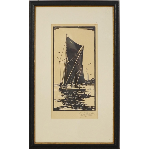 1024 - C A Wilkinson - Boats, trees and a windmill, four pencil signed woodblock prints, each mounted, fram... 