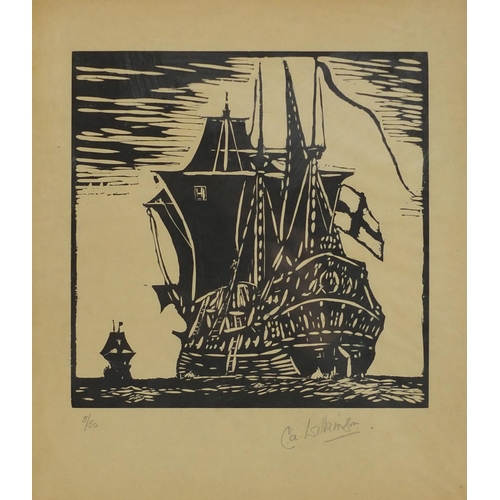 1024 - C A Wilkinson - Boats, trees and a windmill, four pencil signed woodblock prints, each mounted, fram... 