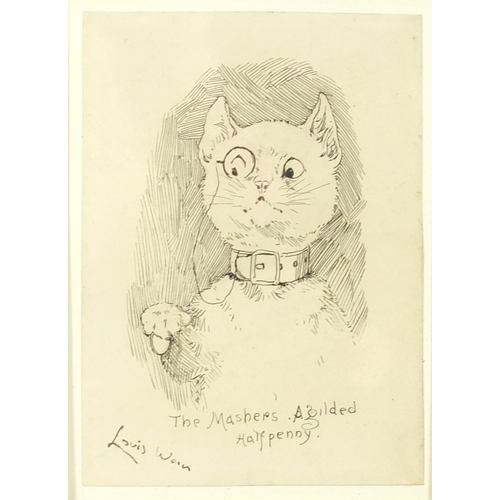 351 - Attributed to Louis Wain - The mashers a gilded halfpenny, ink on paper, mounted, framed and glazed,... 