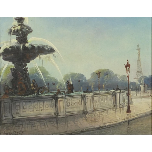 111 - A Lambert - Water font before the Eiffel Tower, oil on canvas, label and inscription verso, mounted ... 