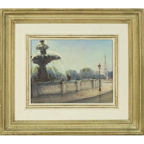 111 - A Lambert - Water font before the Eiffel Tower, oil on canvas, label and inscription verso, mounted ... 