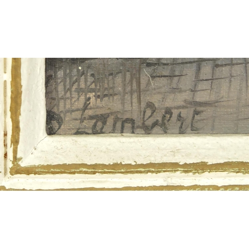 111 - A Lambert - Water font before the Eiffel Tower, oil on canvas, label and inscription verso, mounted ... 