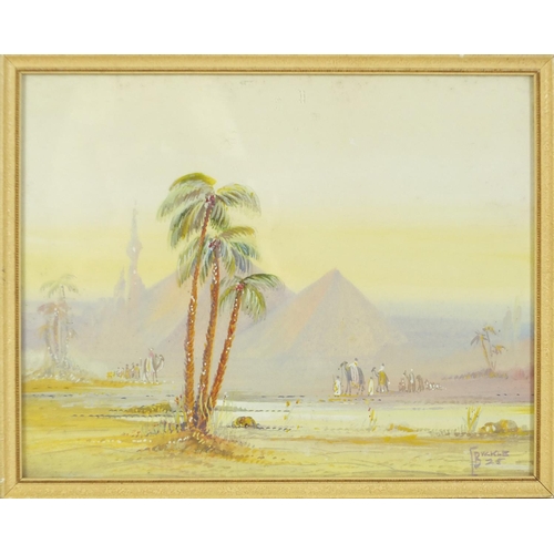 944 - Middle Eastern desert scenes, pair of watercolour and gouaches, each bearing a signature Buckle, fra... 