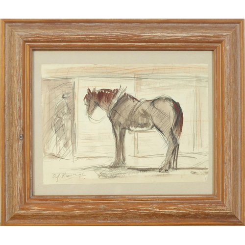 622 - Horse in a stable, pencil and watercolour on paper, framed and glazed, 22.5cm x 16.5cm