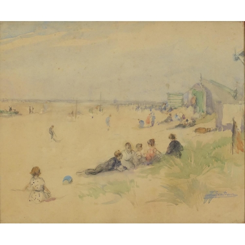 988 - Figures on a beach, Impressionist watercolour, bearing a signature Sentrein, framed and glazed, 34cm... 