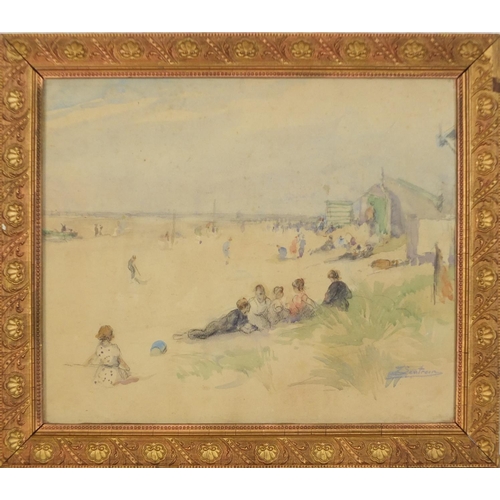 988 - Figures on a beach, Impressionist watercolour, bearing a signature Sentrein, framed and glazed, 34cm... 