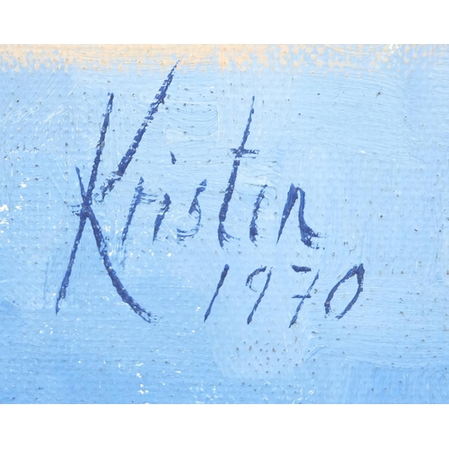 1427 - Moon beside a figure, 1970's oil on canvas, bearing a signature Kristin, unframed, 51cm x 35.5cm