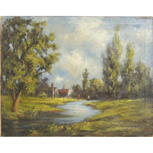 1430 - Street scene and figures by a river, two oil on canvases, one signed Anthony Hedges, unframed, the l... 