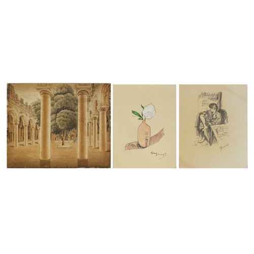 1023 - Three watercolours/drawings including 19th century watercolour on card of a grand temple, each unfra... 