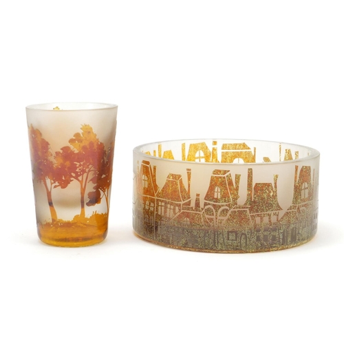 912 - Polish Art Glassware comprising a tumbler and bowl by Horna, etched with trees and buildings, the la... 