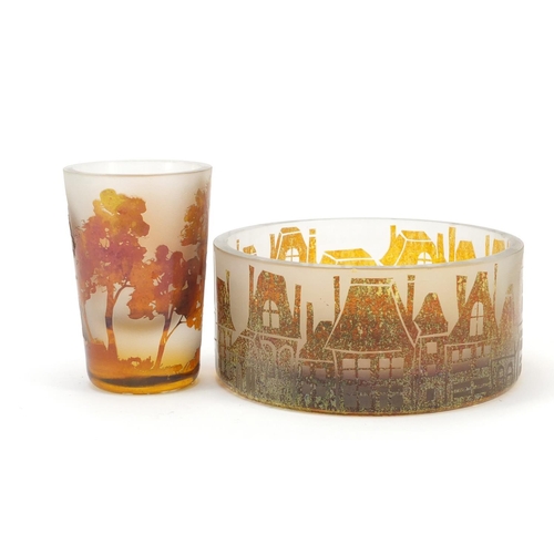 912 - Polish Art Glassware comprising a tumbler and bowl by Horna, etched with trees and buildings, the la... 