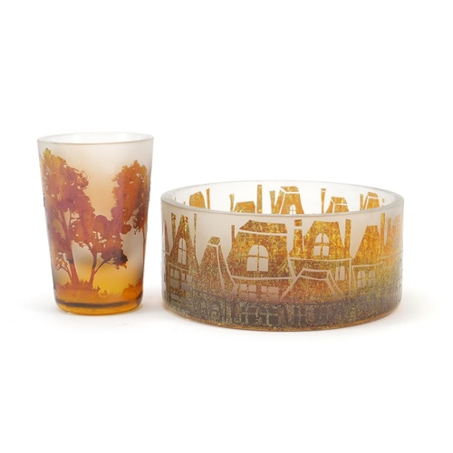 912 - Polish Art Glassware comprising a tumbler and bowl by Horna, etched with trees and buildings, the la... 