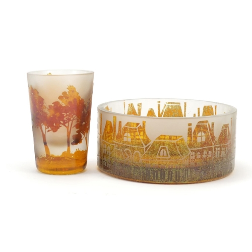 912 - Polish Art Glassware comprising a tumbler and bowl by Horna, etched with trees and buildings, the la... 