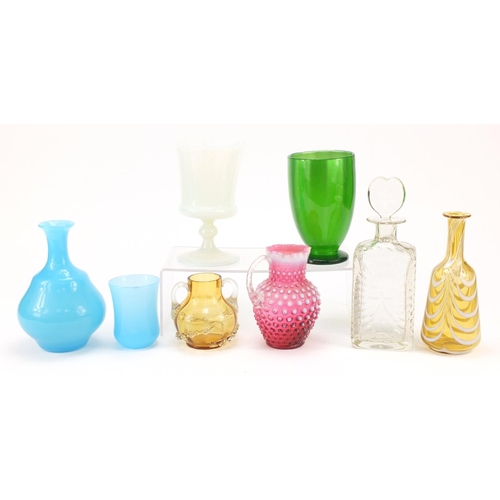 9 - Victorian glassware including a Nailsea style mallet flask, blue glass carafe with beaker, Stevens &... 
