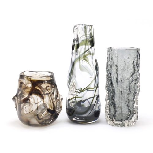 14 - Two Whitefriars knobbly glass vases and a Bark vase designed by Geoffrey Baxter, the largest 25cm hi... 