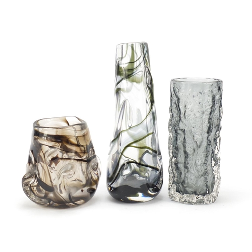 14 - Two Whitefriars knobbly glass vases and a Bark vase designed by Geoffrey Baxter, the largest 25cm hi... 